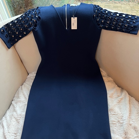 MILLY Navy Lattice Elbow Sleeve Dress - Picture 2 of 11